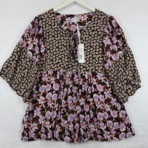 JOHNNY WAS AMEESHA MIXED PEASANT TOP Size S Floral Leaf Print Tie‎ Neck